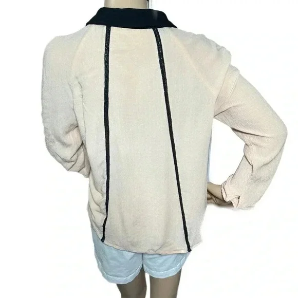 ZARA Pale Pink Peasant Blouse Black Collar Key Hole Detail Long Sleeve Medium - Picture 4 of 10